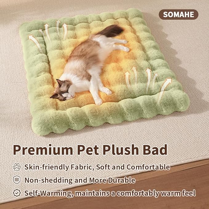 Self-Warming Cat Bed, Plush Faux Fur Pet Bed Mat with Anti-Slip Bottom, Ultra Soft Heated Pad for Cats & Kittens, Cozy Fluffy Bed for Window & Sills Couches, Machine Washable, 23x15 Inch Green