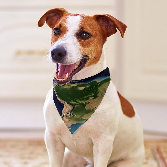 Dog Bandana Spring Pet Scarf Adjustable Triangle South America Satellite Image Printing Dog Bib Washable Polyester Puppy Bandana for Small Medium Large Dogs Cat Birthday Party Supplies