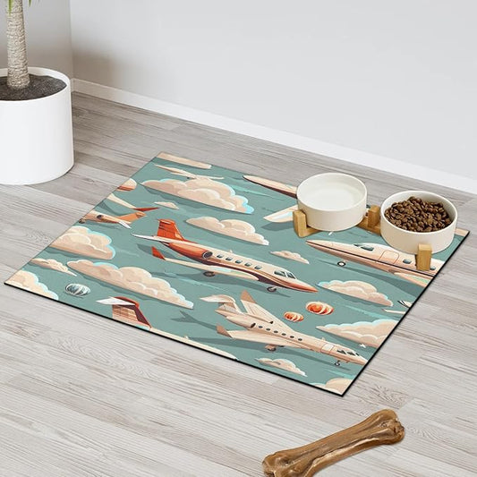 Plane Airplane Dog Food Mat for Floors Absorbent, Quick Dry Water Dispenser Mat for Food, Water, Pet Supplies 16" x 24", White Clouds