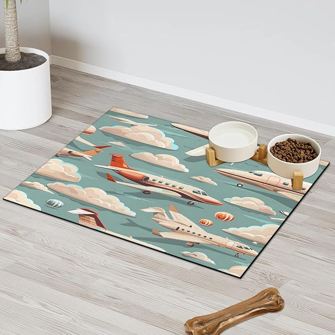 Plane Airplane Dog Food Mat for Floors Absorbent, Quick Dry Water Dispenser Mat for Food, Water, Pet Supplies 24" x 32", White Clouds