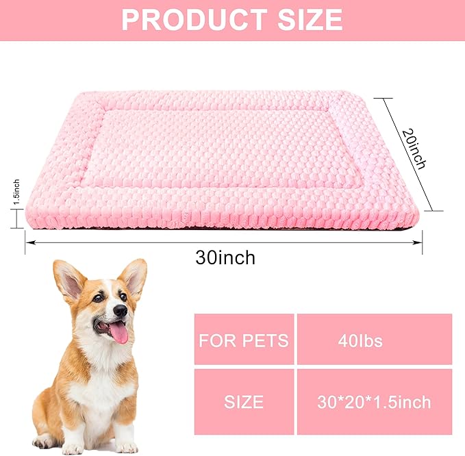 Dog Bed Mat, Reversible Dog Crate Pad - Comfortable Kennel Mat for Dogs & Cats, Machine Washable Dog Bed Suitable for Kennel, Cage or Home Travel(Pink, 30" L*20" W*1.5" Th)