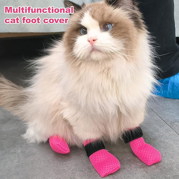 Rose Anti-Scratch Cat Foot Covers - Adjustable Mesh Paw Protectors, Non-Slip, Breathable - Suitable for Family Pet Cat Bathing and Nail Cutting (4 Pieces, L, Rose)