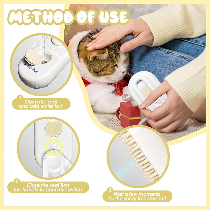 Steam Grooming Brush for Cats and Dogs - Easy to Clean Pet Spa Tool with Water Brush and Hair Removal Technology (O White)