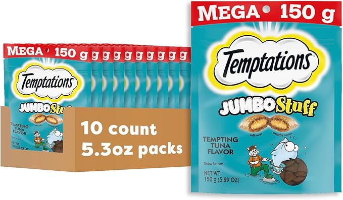Temptations Jumbo Stuffed Cat Treats, Crunchy and Soft Cat Treats, Tempting Tuna Flavor, 5.3 oz. Pouch (Pack of 10)