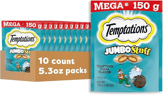 Temptations Jumbo Stuffed Cat Treats, Crunchy and Soft Cat Treats, Tempting Tuna Flavor, 5.3 oz. Pouch (Pack of 10)