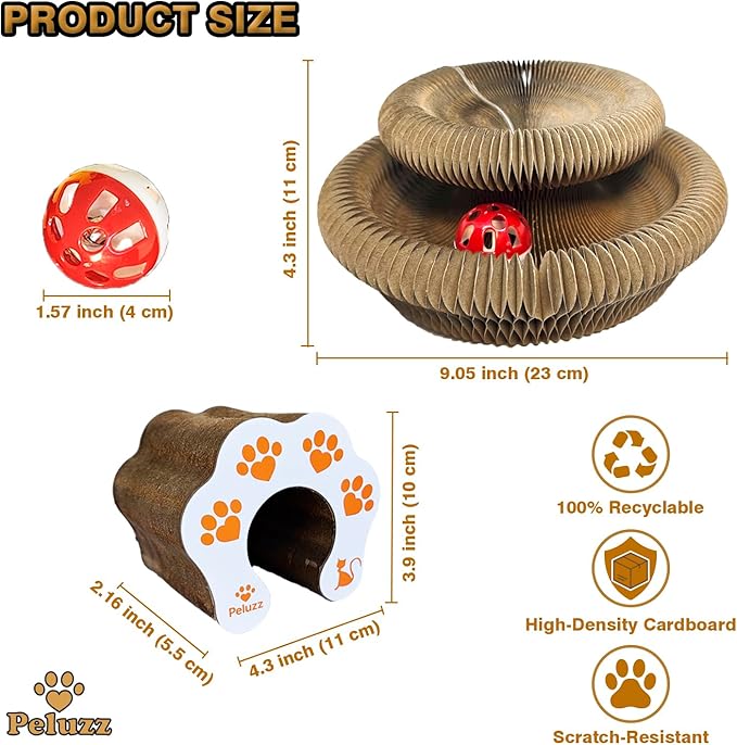 Kitty Curls Cat Scratcher, Magnetic Shape-Shifting Reversible Eco-Friendly Cardboard Ring, Collapsible Ball Track + Bell Ball, Catnip Included & Bonus Toy – Helps Protect Furniture for Cats & Kittens