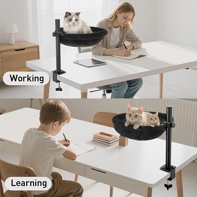 Cat Desk Bed - Machine Washable Reversible Cats Hammock for Large and Kitten - 360° Rotating & Height Adjustable - Supports Up to 45lbs - Indoor Cat Nest Furniture for Office & Game Tables - Black