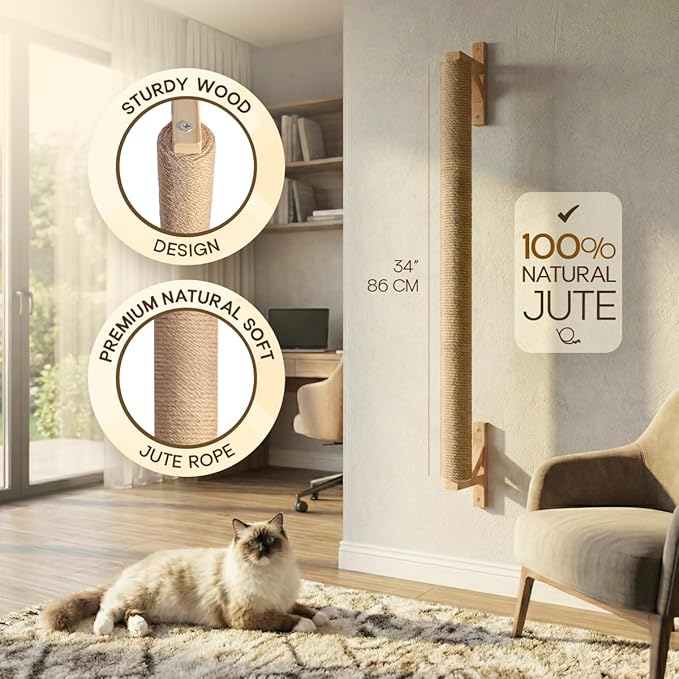 Wall Mounted Cat Scratcher 34' Sisal Cat Scratching Post Tree Kitten Sturdy Climbing for Indoor Cats Vertical Tall Wall Mounth Jute Fiber Cat Scratch Posts Tower Cat Climbing wall Systems