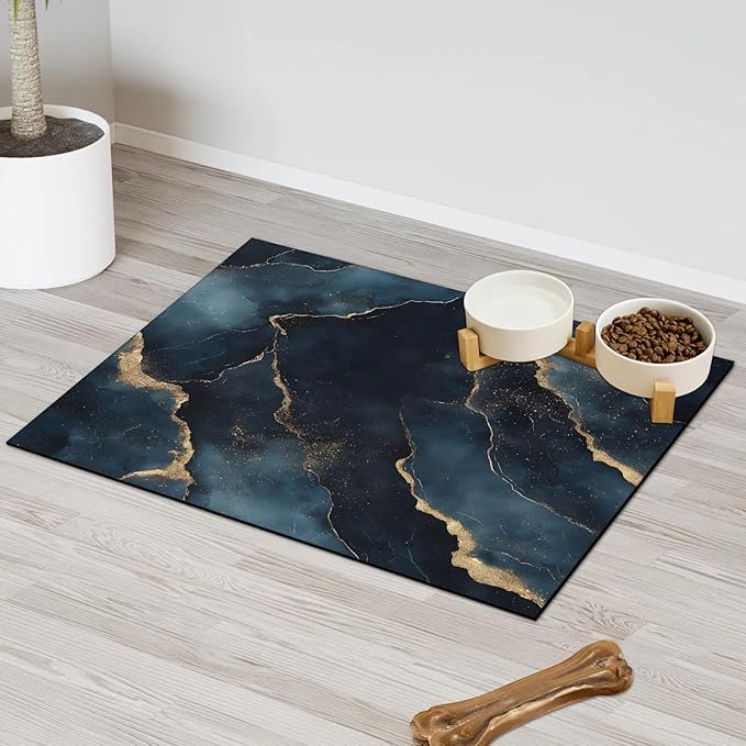 Black Marble Dog Food Mat for Floors Absorbent, Quick Dry Water Dispenser Mat for Food, Water, Pet Supplies 16" x 24", Marble