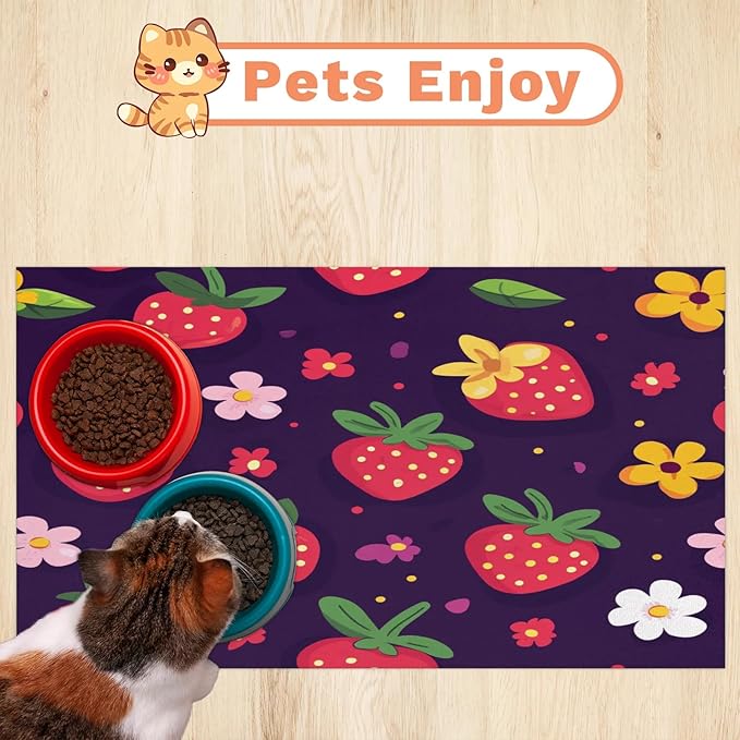 Strawberry Dog Food Mat for Floors Absorbent Dog Bowl Mat for Food and Water Dispenser Quick Dry Cat Food Placemat Pet Supplies 17" x 30", Floral