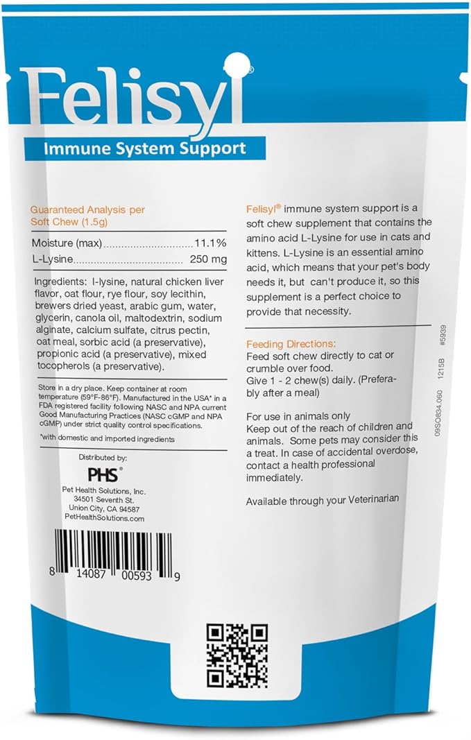 Immune System Support for Cats - Amino Acid L-Lysine - Produce Antibodies - Healthy Tissue, Respiratory Health, Vision - 60 Soft Chews
