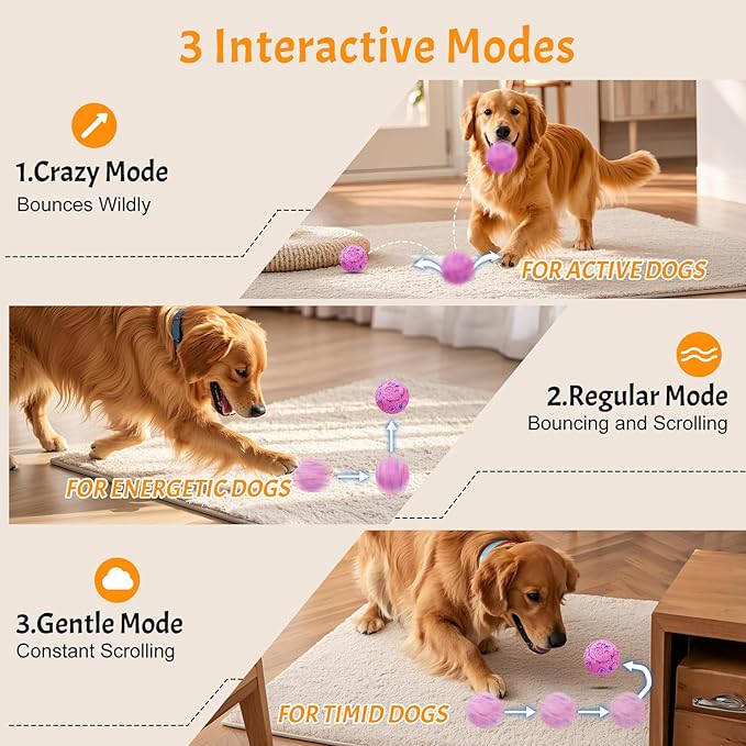 Dog Balls: Interactive Dog Ball, Self-Moving Dog Toy with Auto-Rolling & Bouncing, E-TPU Material, IP54 Waterproof, Motion-Activated (Pink, Large)