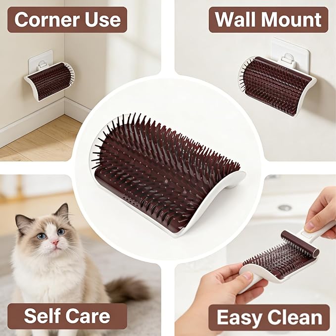 Cat Self Groomer Brush, Plastic Massage Comb with Soft Cat Corner Scratcher 12.6x8.3cm - Easy Mount Wall Scratcher, Removes Loose Hair, Perfect for Cats Grooming and Play (Coffee)