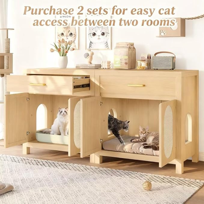 Cat Litter Box Enclosure Furniture, Hidden Litter Box Cabinet Cat House Side Table with Drawer & Sisal Scratch Pads, Wooden Pet Furniture for Living Room, Bedroom,Natural