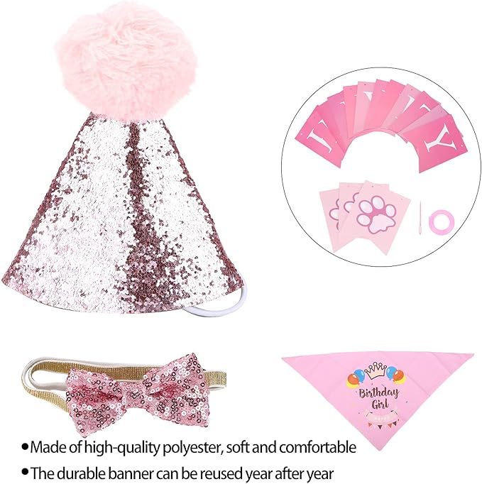 Dog Birthday Scarf Hat Set, Pet Birthday Party Supplies, Adjustable Soft Bandana with Bow Tie and Banner Cards for Puppy Photo Shoots and Celebrations
