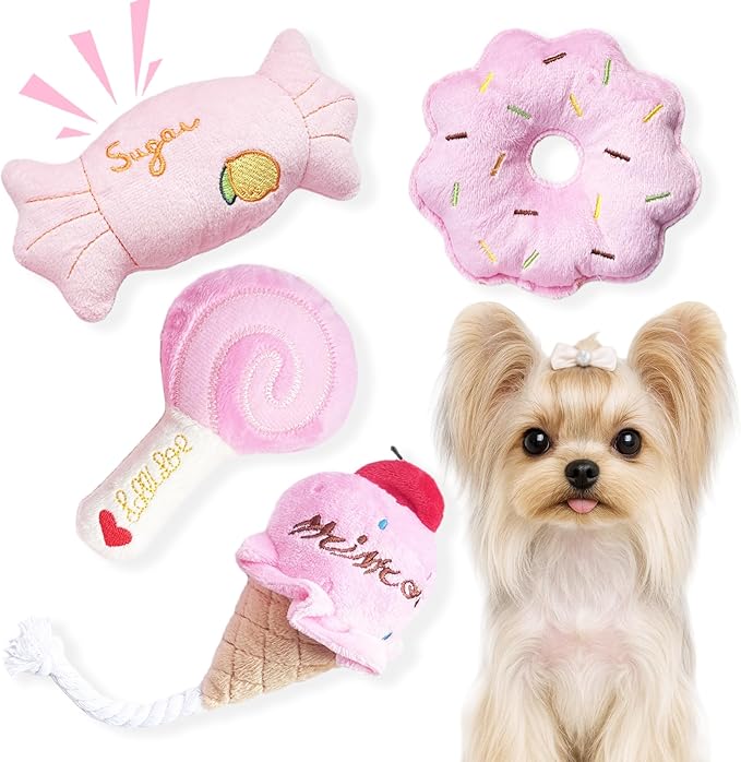 Dog Toys for Small Dogs, Puppy Toys for Teething Small Breed - Cute Pink Plush Dog Toy Set with Squeaker, Soft Dog Squeak Toys, Durable Dog Stuffed Toys & Dog Chew Toys for Puppies and Small Dogs