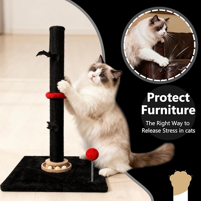 Gothic 27'' Scratching Post, Cat Scratcher Indoor, Wooden Ball Track Toy, Hanging Ball, Bouncy Ball, Interactive Toy Furniture for Kittens Adult Cats, Black Red