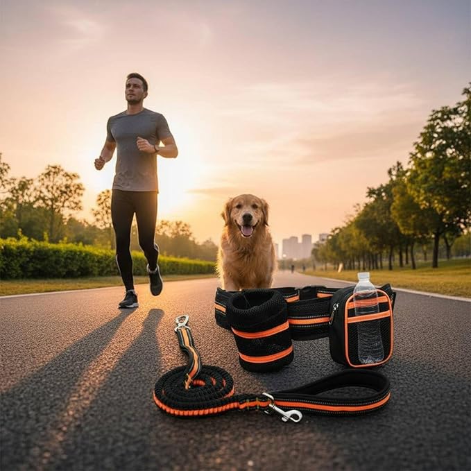 Bungee Dog Leash Waist Belt Utility Pouch Reflective Dog Running Leash Water Bottle Holder Pet Supplies for Runners, Joggers, Jogging, Walking, Hiking