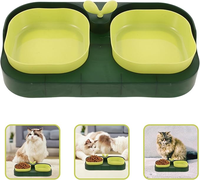 Cat and Dog Double Bowl Pet Feeder Set, Plastic Sturdy Food and Water Bowls for Indoor Feeding, Puppy and Kitten Feeding Supplies, Moss Green