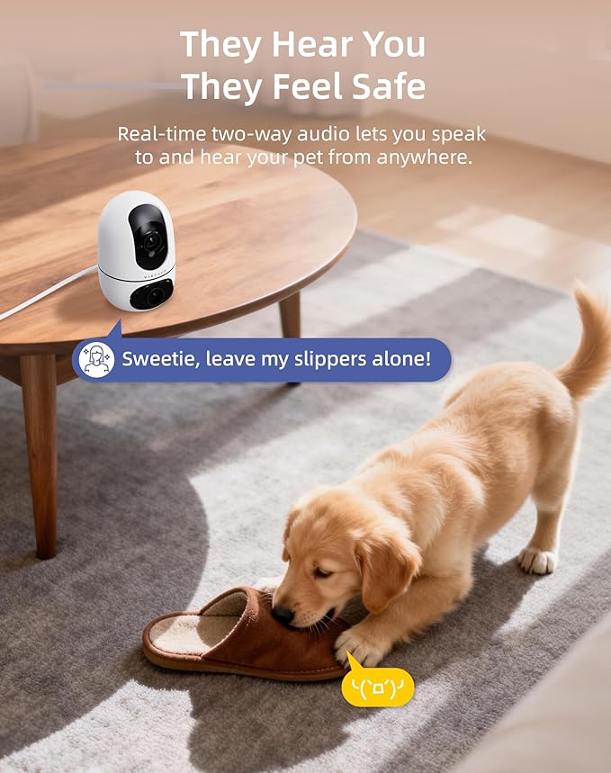 virtavo AI Pet Camera Indoor with Phone App for Dog, Cat & Puppy, 360° Dual-Lens with Auto Tracking & Pet Calling, No Subscription, Wi-Fi 6 (5GHz/2.4GHz), Alexa Compatible, Night Vision