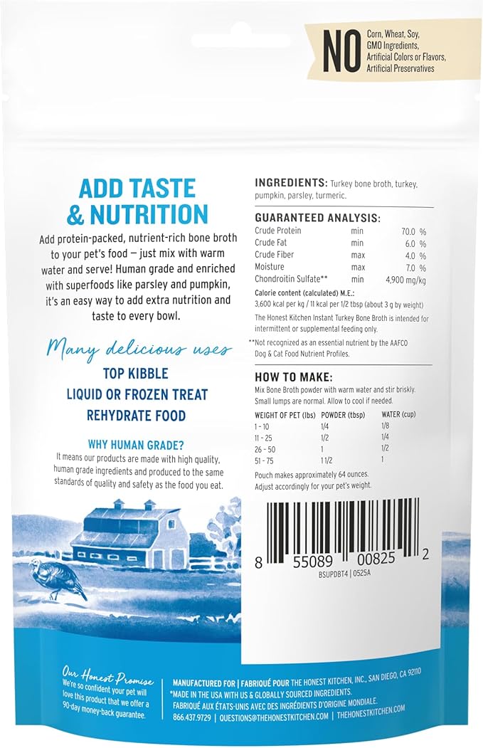 The Honest Kitchen Human Grade Daily Boosters: Instant Turkey Bone Broth with Turmeric,3.6 Oz,(Pack of 2)