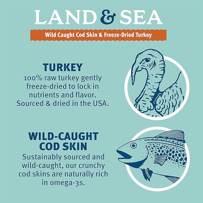 Icelandic+ Land & Sea Wild Caught Cod Skin & Freeze-Dried Turkey - 2.4oz Bag, Dog Treat & Food Topper, 2 Ingredients, No Preservatives, All Natural (Pack of 2)