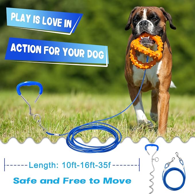 Supet Dog Tie Out Cable and Stake for Yard and Camping, Heavy Duty Stakes and Lead for Large Dogs up to 125lbs, Dog Scew and Tether for Outside (10FT)