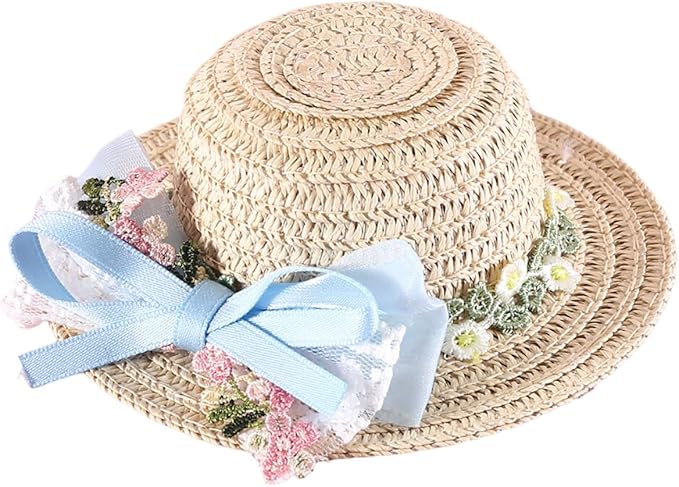 Pet Straw Hat Outdoor Sunbonnet Supplies Flower Lace Puppy Straw with Ribbon Bow Flower Dog for Large Dogs