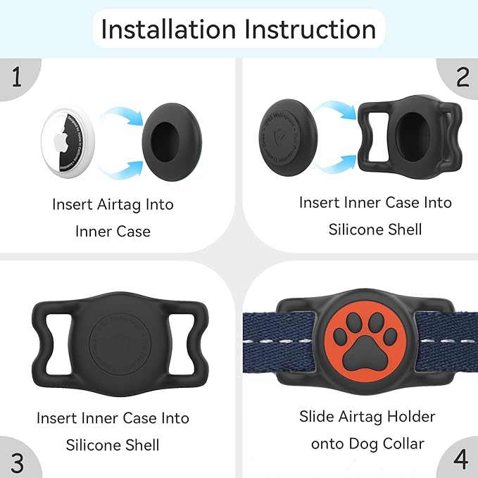 2-Pack Airtag Holder for Dog Collar, Waterproof Silicone Protective Case Cover, Anti-Lost Tracker Universal Fit for All Width Pet Collars (Black&Orange)
