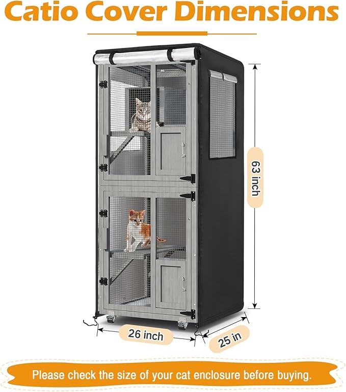 Catio Cover,26"L x 25"W x 63"H Cover for Catio Outdoor Cat Enclosure Waterproof, 420D Cat Cage Covers for TRYKERPET 4 Tiers Catios, Outdoor Cats Enclosure Covers(Black)(Catios Not Included)
