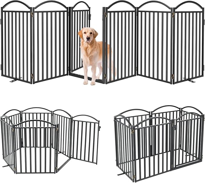 Malier Metal Freestanding Dog Gates with Door, 32'' Height Outdoor Indoor Dog Fences, Extra Wide Foldable Puppy Gate Free Standind Tall Pet Gate for Stairs, Hallways, Doorways, Yard (Black 6 Panels)