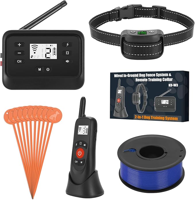 2-in-1 Wired Dog Fence & Remote Training Collar, Underground/Aboveground Dog Fence, Electric Pet Containment System, Tone/Vibration/Shock Mode, 650Ft Wire, for 2 Dogs