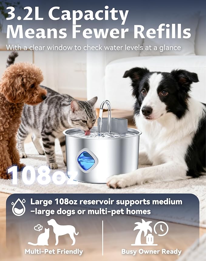 Dog Water Bowl, 3.2L Cordless Dog Water Fountain Bowl, 3 Smart Dispensing Modes,Quad Filtration and Continuous Water Flow,Stainless Steel Easy-to-Clean,Quiet Pump (Rechargeable+10Set Filter)