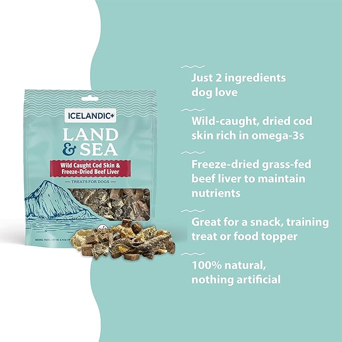 Icelandic+ Land & Sea: Wild Caught Cod Skin & Freeze-Dried Beef Liver - 2.4oz Bag, Dog Treat & Food Topper, 2 Ingredients, No Preservatives, Natural
