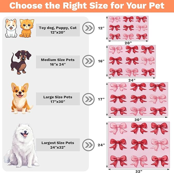Pink Bow Dog Food Mat for Floors Absorbent, Quick Dry Water Dispenser Mat for Food, Water, Pet Supplies 17" x 30", Red Bowknot