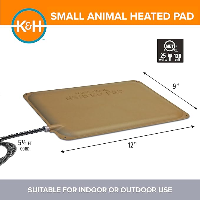 K&H Pet Products Small Animal Outdoor Heated Pad, Waterproof, Chew Resistant, Safety Listed, Indoor Outdoor Heater Warming Pad for Cat Houses, Rabbit Hutches, or Chick Brooders - 12 X 9in Tan 20W