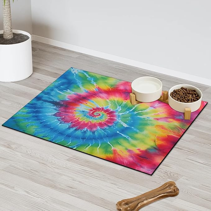 Colorful Tie Dye Dog Food Mat for Floors Absorbent, Quick Dry Water Dispenser Mat for Food, Water, Pet Supplies 24" x 32", Rainbow