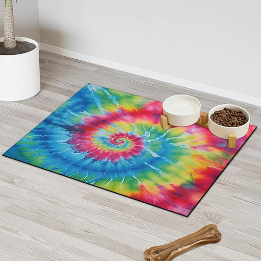 Colorful Tie Dye Dog Food Mat for Floors Absorbent, Quick Dry Water Dispenser Mat for Food, Water, Pet Supplies 16" x 24", Rainbow