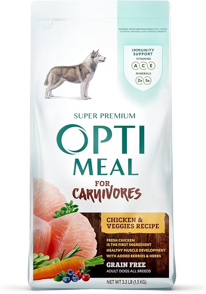 Optimeal Grain-Free Dog Food - Proudly Ukrainian - Balanced Dog Food Dry Recipe with Immunity Support, Non-Grain Dry Dog Food for All Dog Breeds (3.3 lbs, Chicken & Veggies)