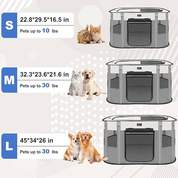 Dog Playpen, Pet Playpen, Foldable Kitten cage Puppy Play Pen, Portable Dog Kennel Tent Crate, Indoor Outdoor Travel Camping Use for Small Animals with Carrying Case (Grey XL)