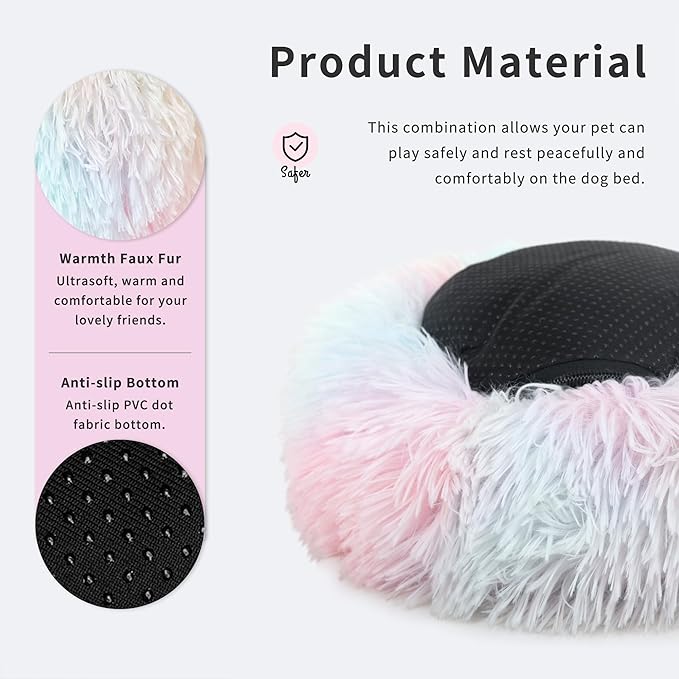 Fluffy Rainbow Dog Bed Extra Small Washable,Calming Dog Bed Rainbow for Small Dogs 15 inches Donut Soft Small Pet Bed,Anti Anxiety Round Fits up to 5 lbs Warm Comfort Pets Beds for Puppy Dogs Indoor