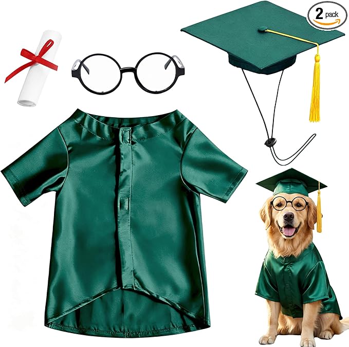 Dog Graduation Cap and Gown Set 2026 - Adjustable Washable Pet Cosplay Costume for Small Medium Dogs, Graduation Gift Supplies with Cap Robe Tassel,Dog Graduation Outfits Gifts (Green, Medium)