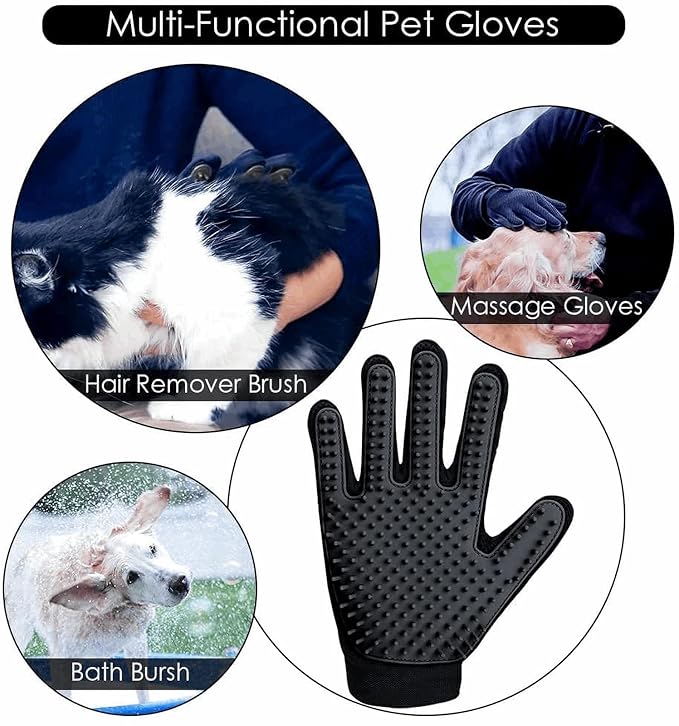 Premium Pet Grooming Gloves, Silicone Massage Brush for Dogs and Cats, Adjustable Size 9.13x6.77 Inch, Hair Removal and Bathing Tool (Black)