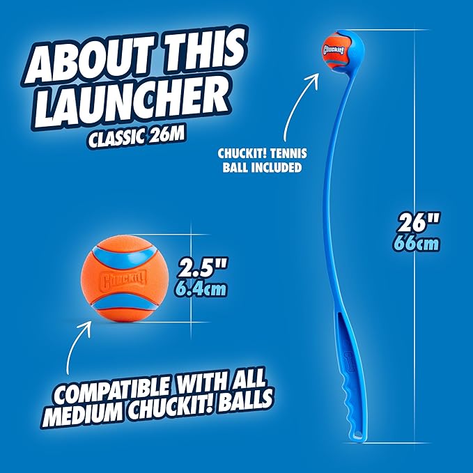 Chuckit! Ultra Dog Ball & Launcher Bundle Classic 26M 26" Length with 2 Pack Medium (2.5") Bouncy Fetch Balls for Dogs 20-60 lbs, Dog Fetch Ball Thrower