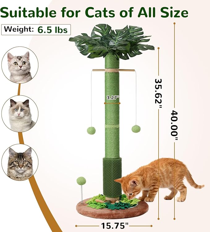 Cat Scratching Post, 40" Tall Palm Tree Scratch Post for Cats, Sisal Scratching Posts for Indoor Cats Adults with Hanging Cat Toys, Self-Grooming Brush, Snuffle Mat and Interactive Wooden Ball Track