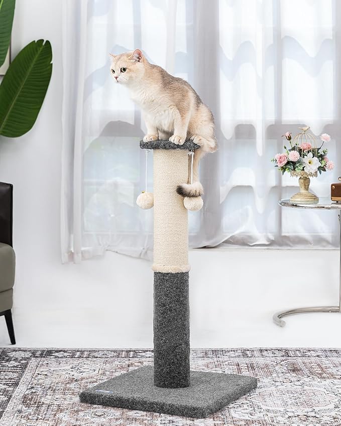 34-Inch Tall Cat Scratching Post for Indoor Cats, Komicoll Large Scratch Post, Sisal Cat Scratcher, Sturdy and Durable Cat Post with Hanging Ball