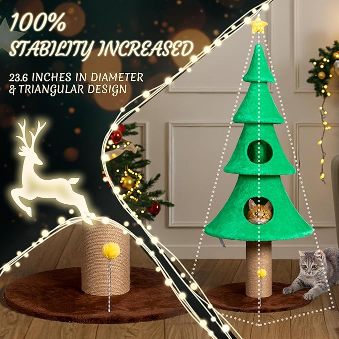 Outvita 59in Large Tall Christmas Tree Cat Tower with 2 Cat Condos & Scratching Post, Soft Fleece Cat Tree with Teaser Toy & Sturdy Base & Built-in Openings for Indoor Cats, Green