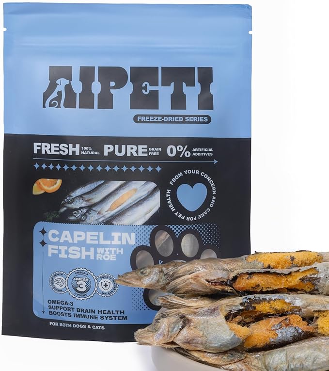 Freeze Dried Capelin Fish Cats & Dogs Treats 70g, Single Ingredient, Rich in Omega 3 & 6 for Healthy Skin & Coat, Grain Free, 100% Whole Fish, Premium Quality High Protein Training Snacks