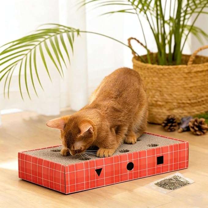 Cat Scratcher Cardboard 3-in-1 Interactive Cat Scratching Board with Bell Ball, Double-Sided Durable Corrugated Cat Toy for Indoor Cats