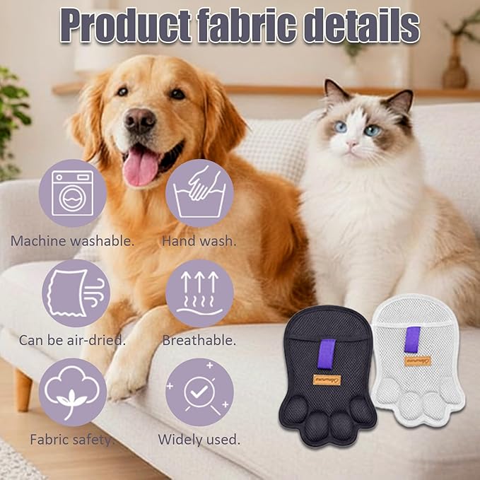 2PCS Paw Shape Pet Hair Removal Glove for Dogs & Cats, Reusable Electrostatic Lint Remover Brush for Couch, Carpet, Clothing, Bed, Car Seat, Upgraded Design（Black）